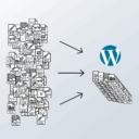 Illustration of a chaotic mass of file types being funneled into a streamlined WordPress archive, representing a large-scale document migration and cleanup.